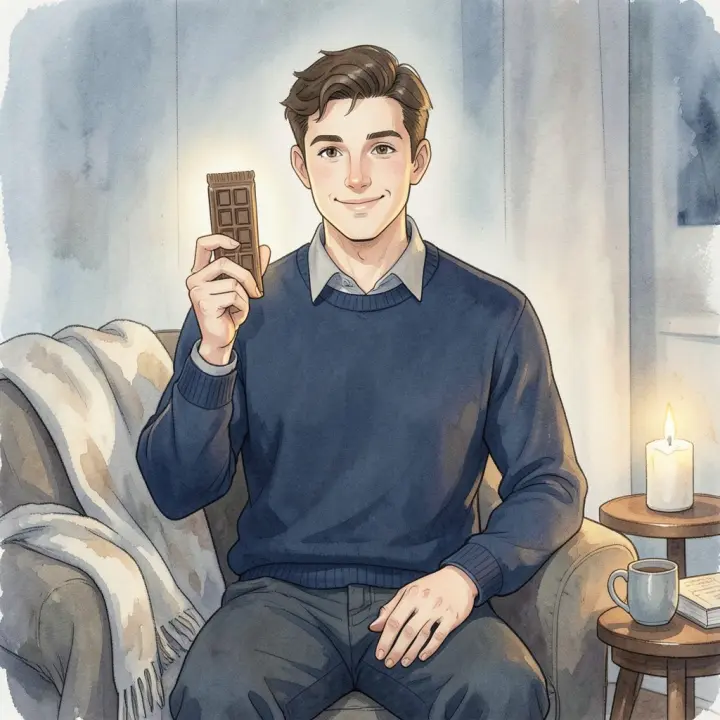 A young man holds a classic chocolate bar with a warm smile in a cozy room.