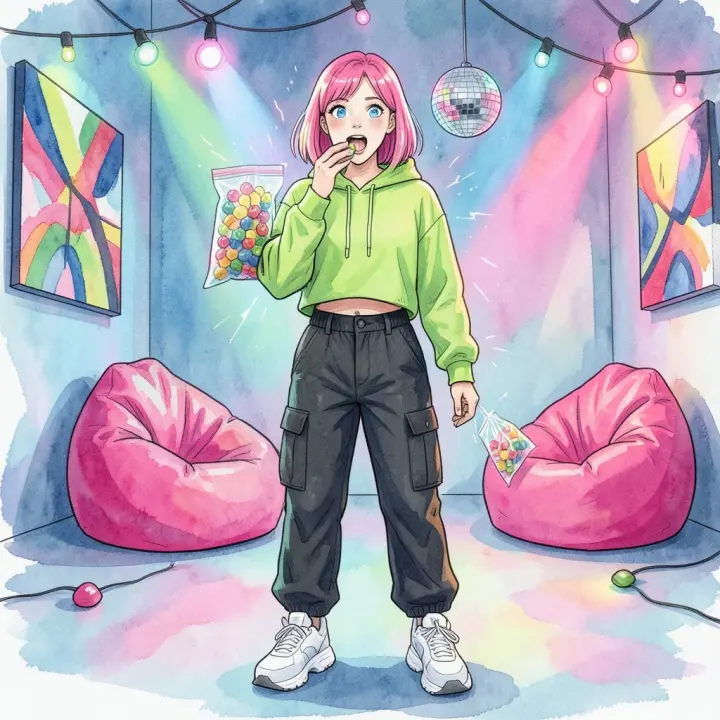 Eine junge Frau verzieht verspielt das Gesicht, während sie eine Tüte bunte saure Gummibärchen hält.