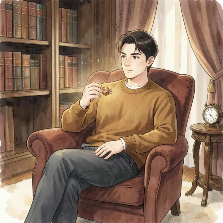 一位年輕男子在燈光溫暖、優雅的房間裡，若有所思地拆開焦糖糖果。