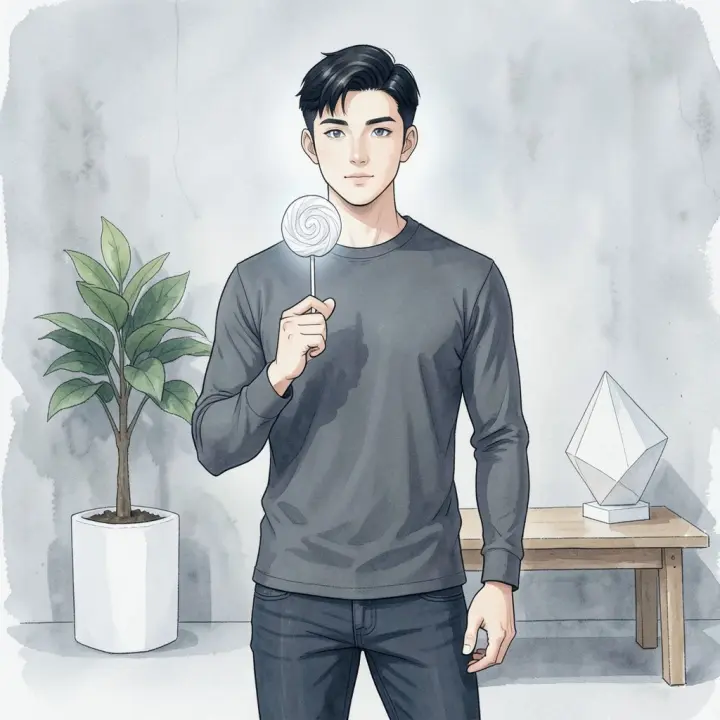 A young man holds a large, swirled lollipop with a composed expression in a clean, minimalist setting.