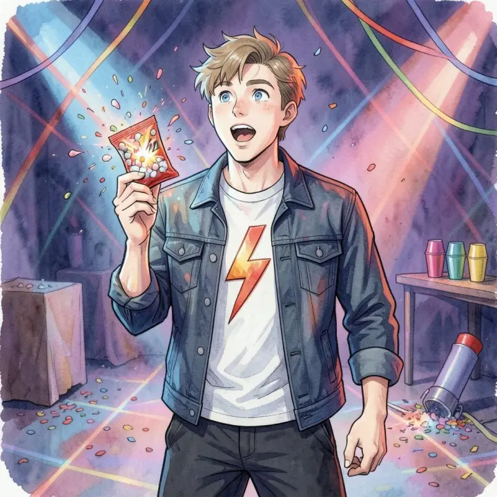 A young man looks wide-eyed and excited while holding a packet of popping candy in a lively party setting.