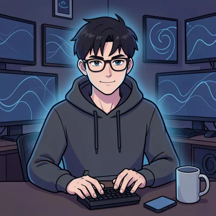 A young man's face lit by multiple computer screens in a dark room, showing complex code.