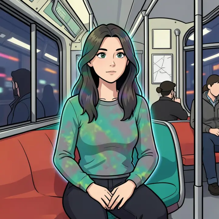 Una mujer joven en el metro, cambiando sutilmente su apariencia para mezclarse con los que la rodean.