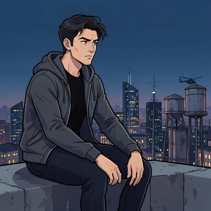 A young man sits on a rooftop ledge, looking out over a city skyline at night.
