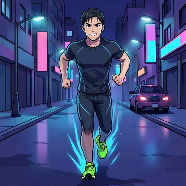 Un joven corriendo por las calles vacías de la ciudad a medianoche, iluminado por las farolas.