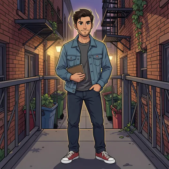 Un jeune homme sur un pont observant une ruelle urbaine avec une expression inspirée.