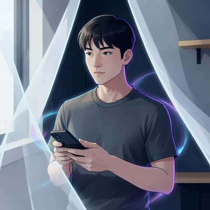 A young man partially obscured by a shadow, holding a phone with a blank screen, looking thoughtful.