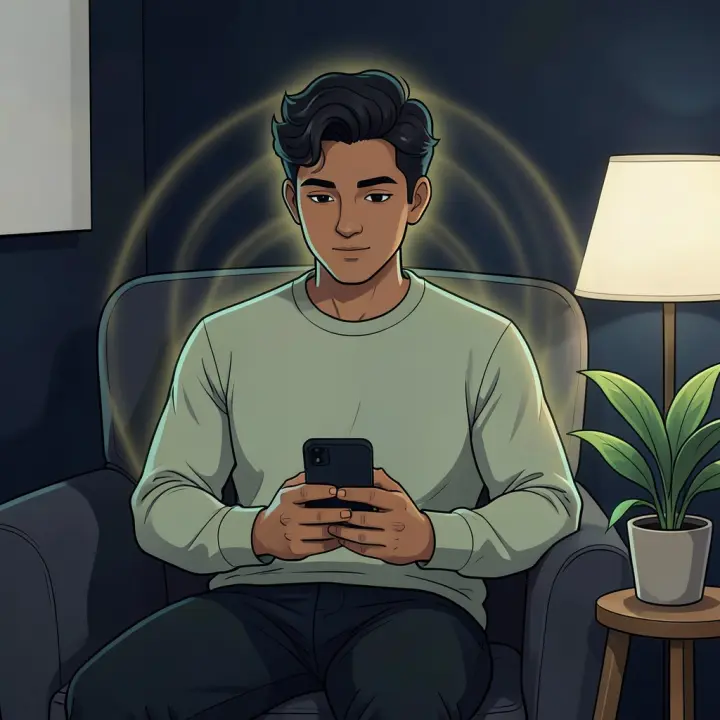 A young man with a calm, empathetic expression holding his phone in a softly lit, cozy space.