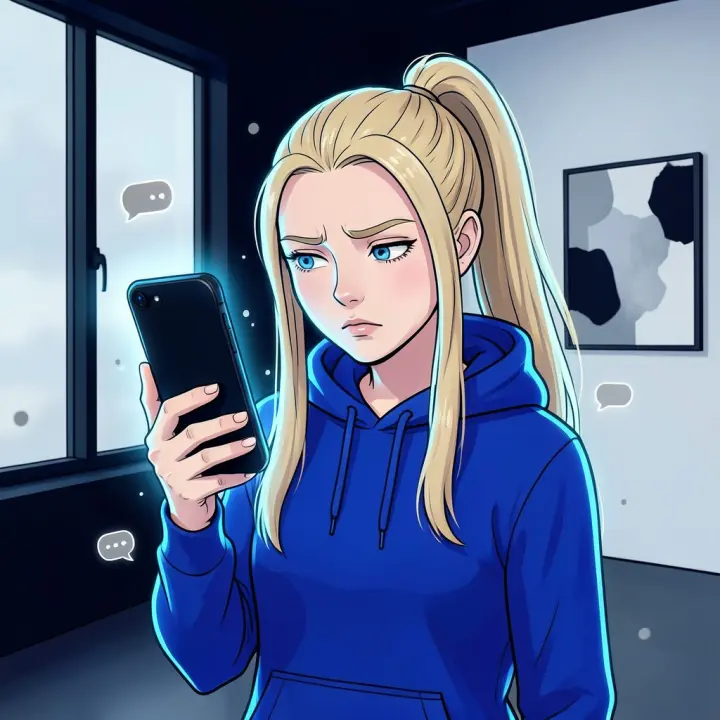 Eine junge Frau mit entschlossenem Blick hält ihr Handy hoch, als wollte sie einen schlafenden Chat wecken, umgeben von digitalem Staub.