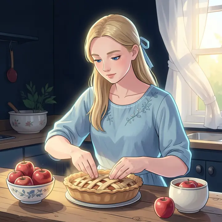 Uma jovem mulher na cozinha coloca delicadamente uma massa de torta sobre uma torta de maçã.
