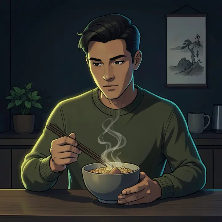 A young adult man sits at a kitchen counter, looking contemplatively at a steaming bowl of ramen.