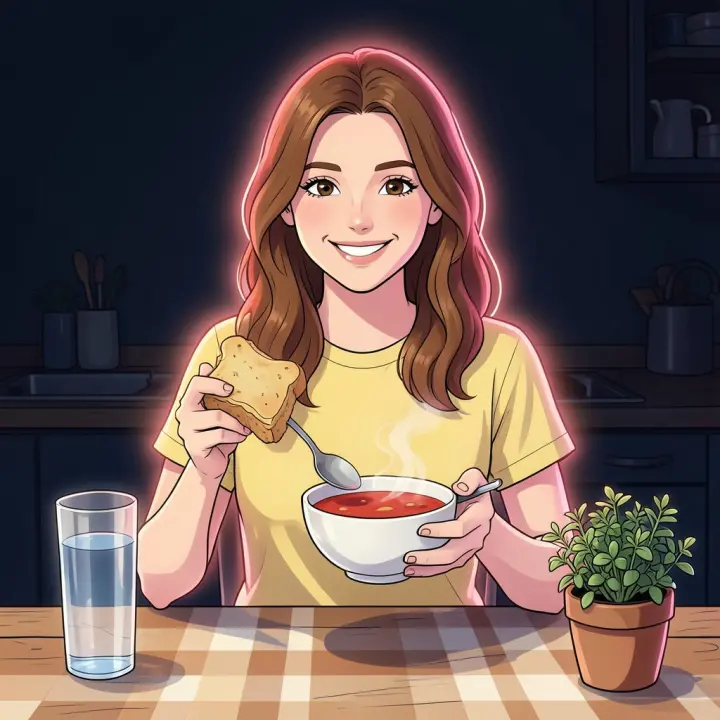 Une jeune femme sourit chaleureusement en tenant un sandwich grilled cheese et une cuillère au-dessus d'une soupe à la tomate.