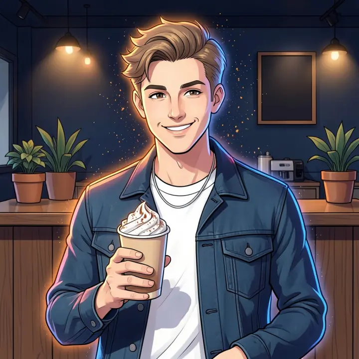 Ein junger Mann steht in einem trendigen Café, hält einen Pumpkin Spice Latte und strahlt in die Kamera.