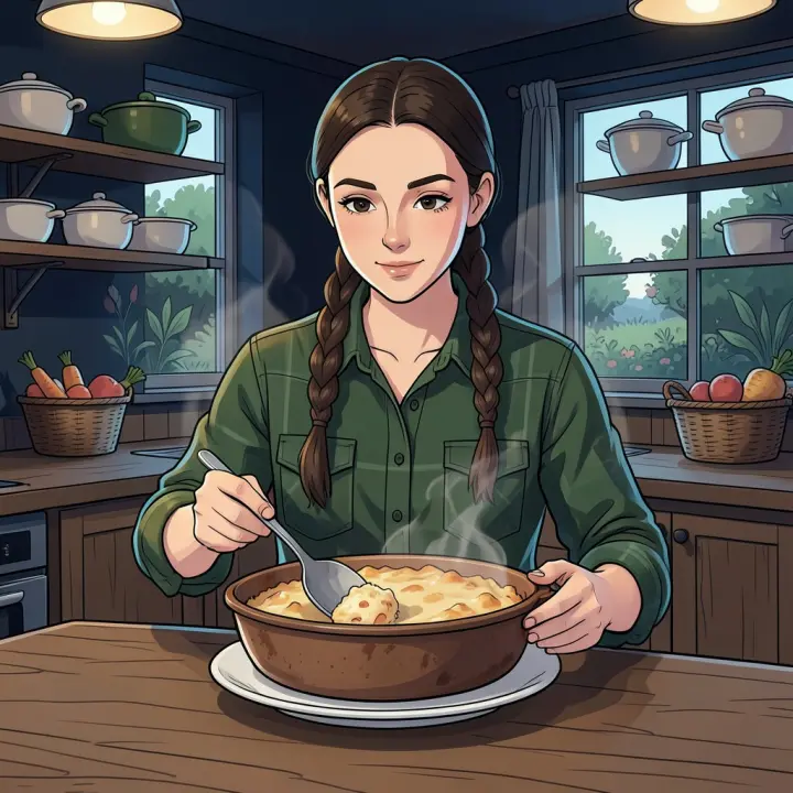 Uma jovem mulher em uma cozinha serve uma porção de escondidinho de um refratário.