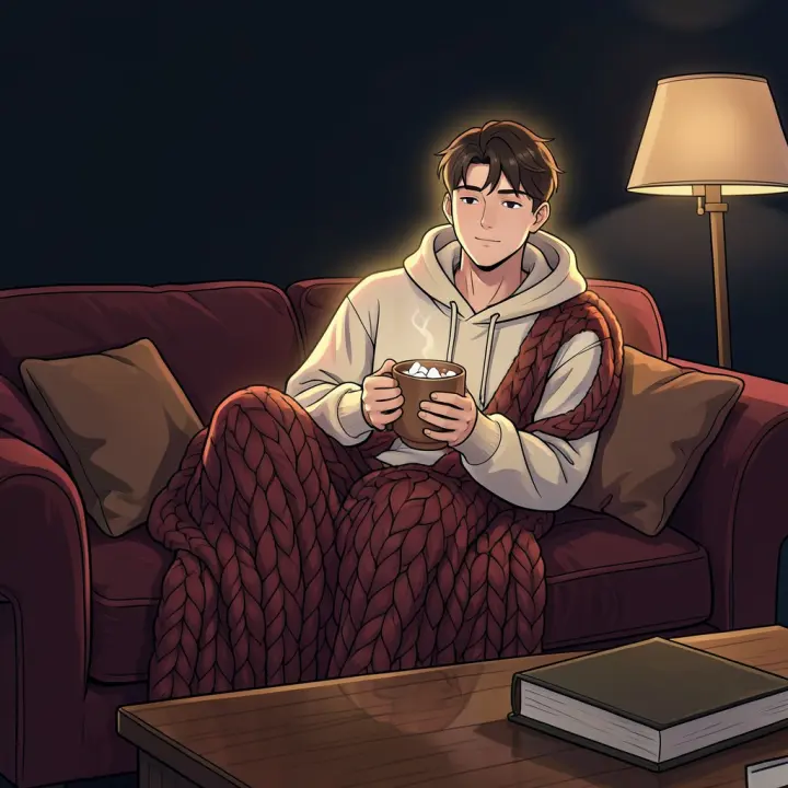 A young adult man sits curled on a sofa with a blanket, holding a mug of hot chocolate with marshmallows.
