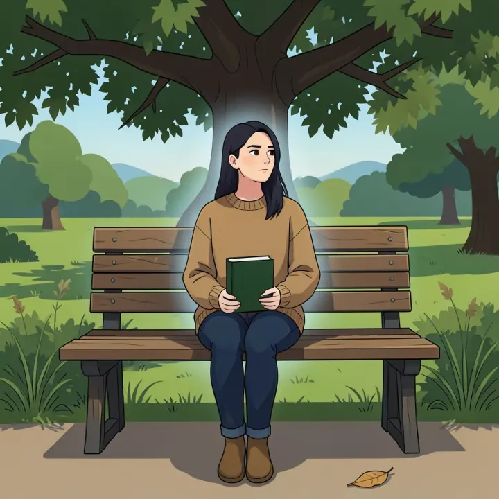 Eine junge Frau sitzt allein auf einer Parkbank, hält ein geschlossenes Buch und sieht nachdenklich und unabhängig aus.