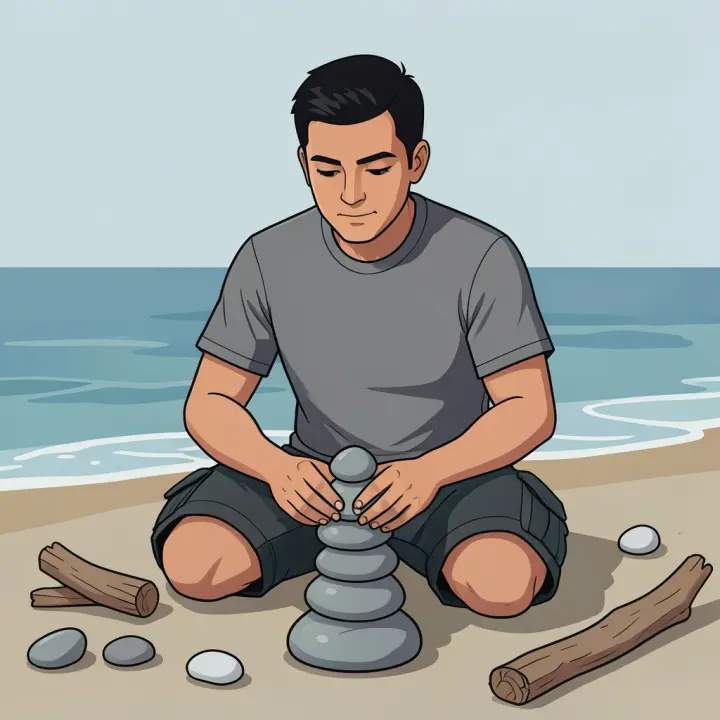 Um jovem adulto construindo calmamente uma torre de pedras de rio na praia, mostrando paciência e confiabilidade.