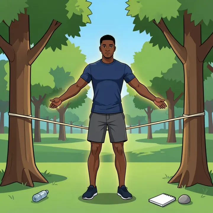 Ein junger Mann balanciert perfekt auf einer Slackline zwischen zwei Bäumen und verkörpert das Gleichgewicht.