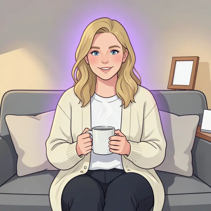 A young adult female sits on a couch, holding a mug with a warm, understanding expression, ready to listen.