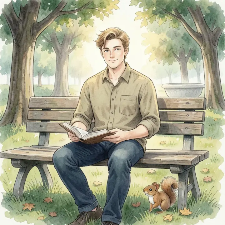 Un jeune homme est assis sur un banc de parc, lisant un livre physique, avec un écureuil qui apparaît derrière le banc.