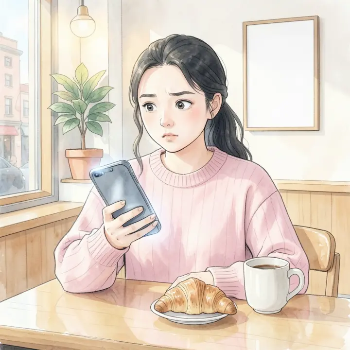 Một phụ nữ trẻ tuổi tại bàn quán cà phê nhìn vào màn hình điện thoại trống với vẻ tò mò, bên cạnh là một chiếc bánh ngọt và đồ uống.