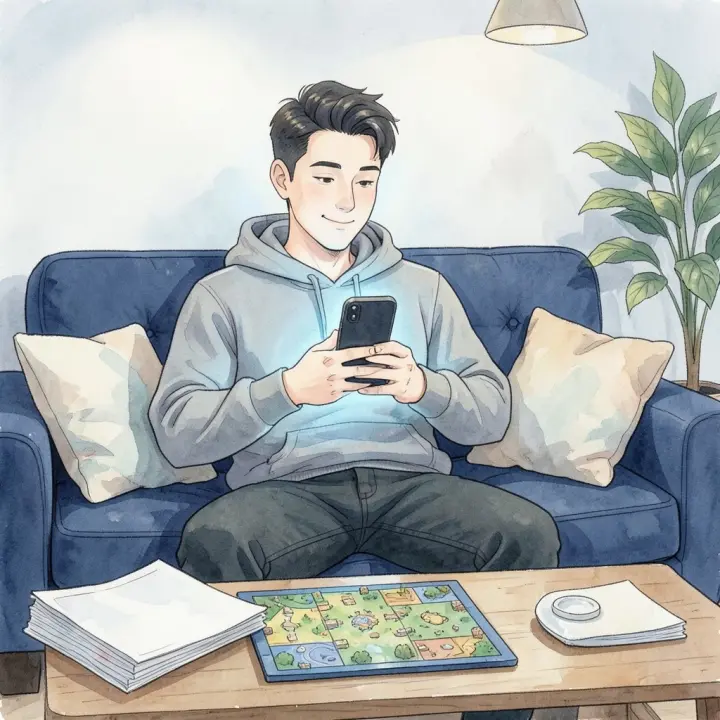 Un jeune homme est allongé sur un canapé, faisant défiler son téléphone éteint, avec un jeu de société visible sur la table basse.