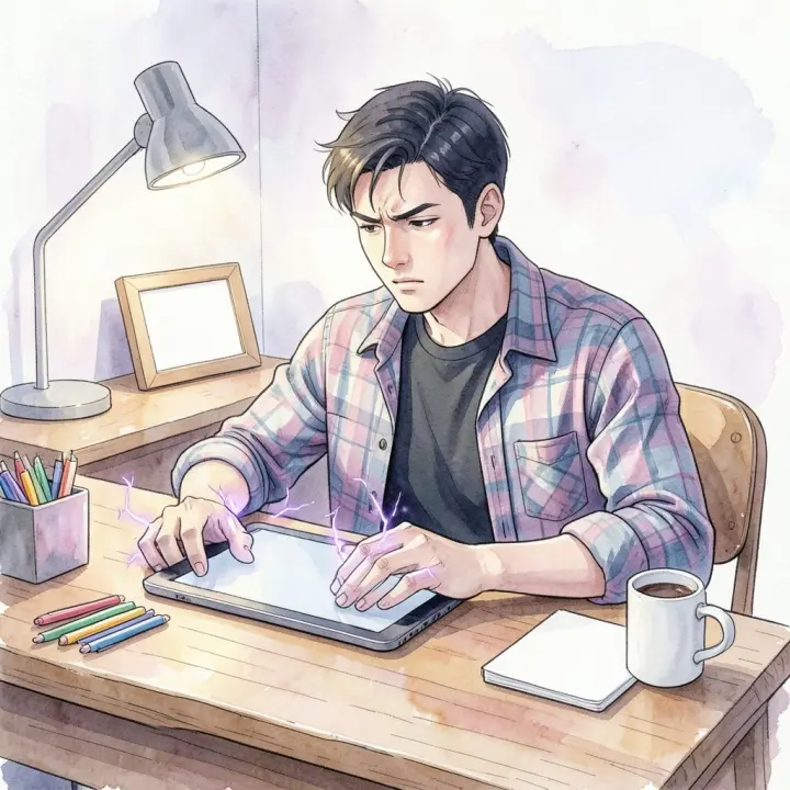 A young adult male actively types on a blank tablet screen at a desk with colorful pens.