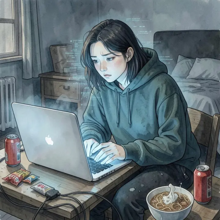 Uma jovem adulta do sexo feminino curvada sobre um laptop brilhante em branco, com um telefone em branco na mão, cercada por embalagens de salgadinhos e latas de energéticos.