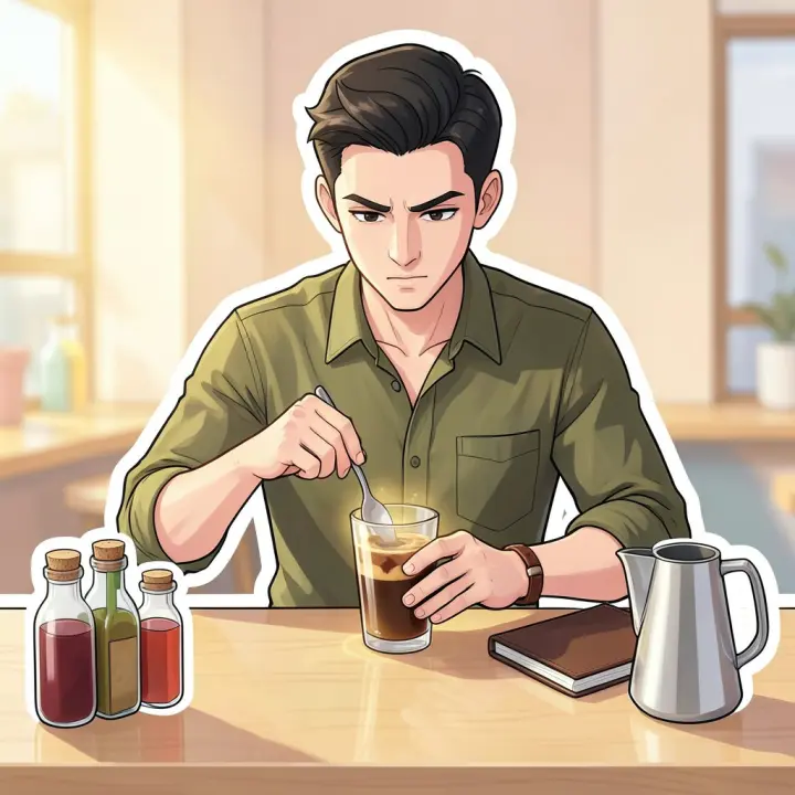 Um jovem mexendo cuidadosamente uma bebida de café sofisticada em um copo com muitos ingredientes.