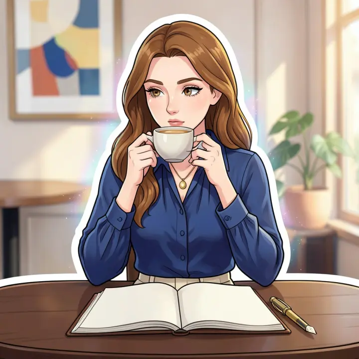 한 젊은 여자가 세련된 카페에서 라떼를 천천히 마시며 사색에 잠겨 있다.