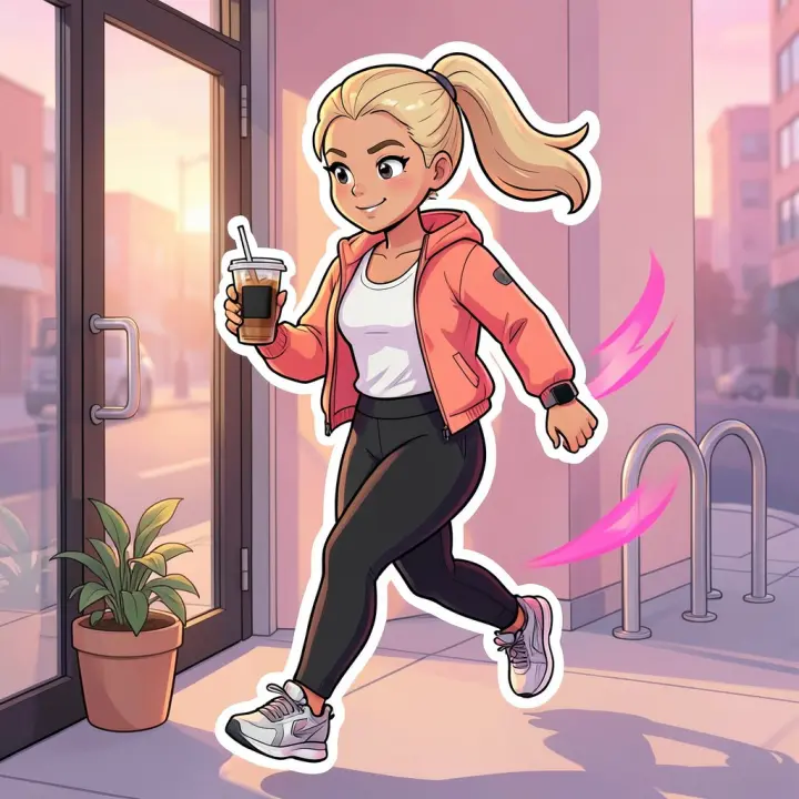 A young woman rushing out of a cafe with a custom coffee, checking her watch.