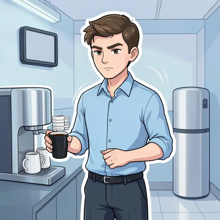 Um jovem pegando um café preto em uma estação self-service, parecendo focado.