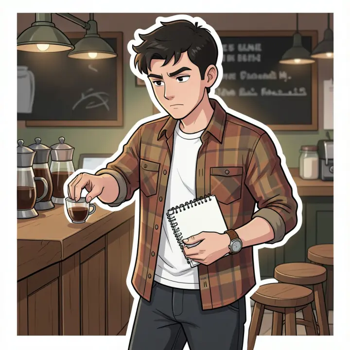 Ein junger Mann, der nachdenklich einen klassischen Filterkaffee auswählt und ein Notizbuch hält.