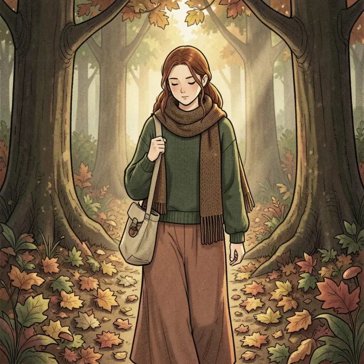 A young woman with a long scarf and canvas bag walks through a sun-dappled forest, looking at the leaves on the ground.