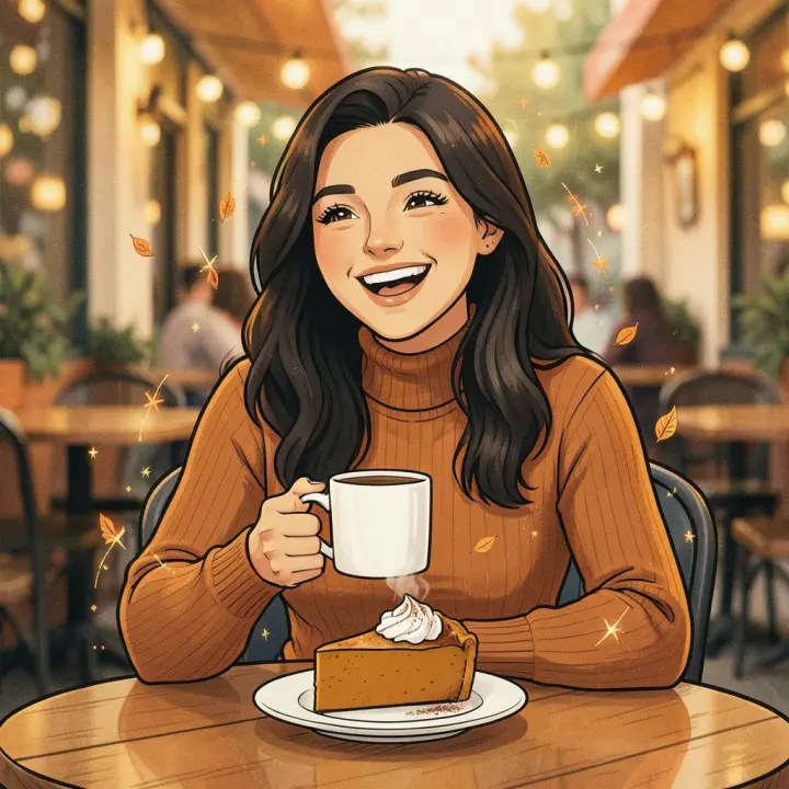 따뜻한 스웨터를 입은 젊은 여성이 야외 카페에서 웃고 있으며, 테이블 위에는 호박 파이와 김이 나는 머그잔이 놓여 있습니다.