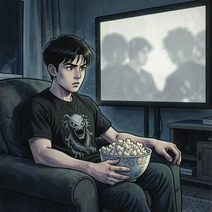 Un jeune homme avec du pop-corn regarde un film d'horreur sur un écran de télévision vide dans un salon tamisé.
