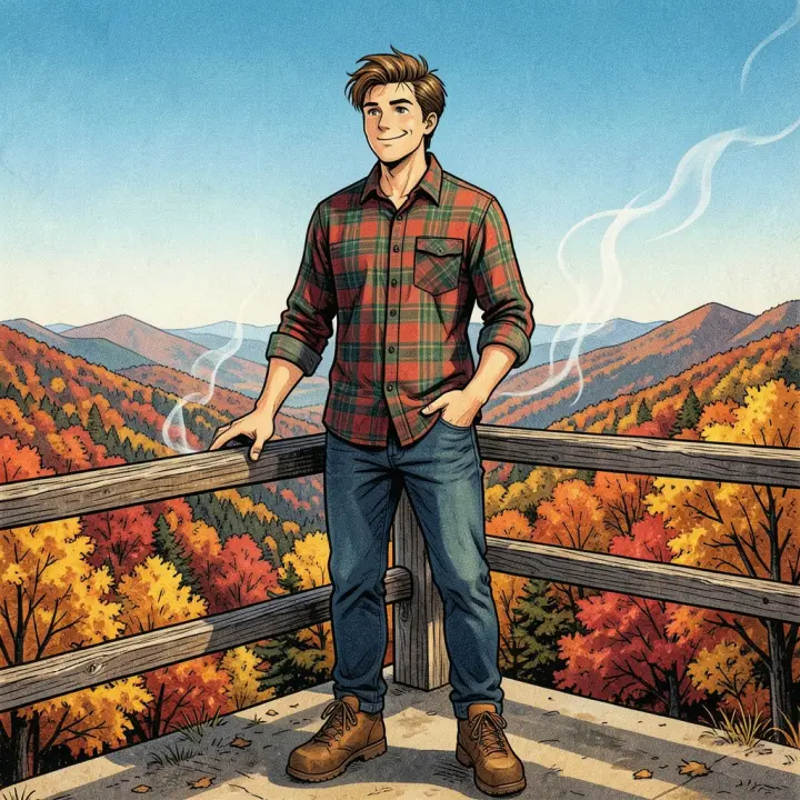 Ein junger Mann im Flanellhemd steht auf einem Aussichtspunkt und blickt auf eine lebendige herbstliche Landschaft mit bunten Bäumen.